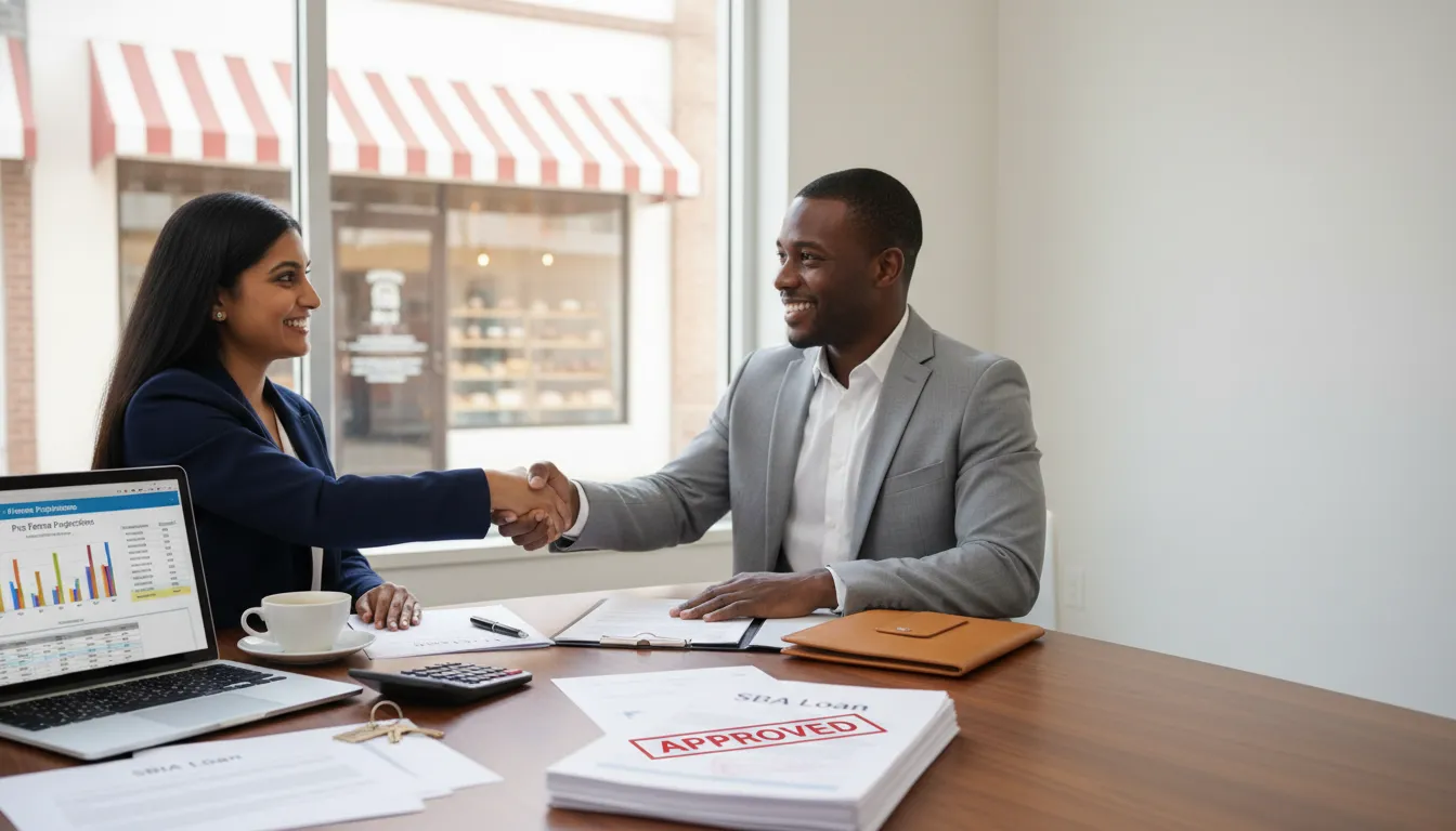 Buyer and lender handshake over SBA loan documents, laptop with cash-flow chart, and seller-carry papers