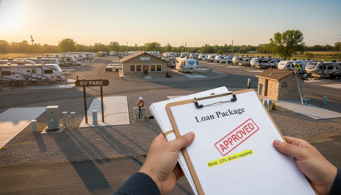 Rural RV park with a close-up of a loan packet stamped 'APPROVED' showing '10% down', illustrating SBA 7(a) and USDA financing for RV parks.