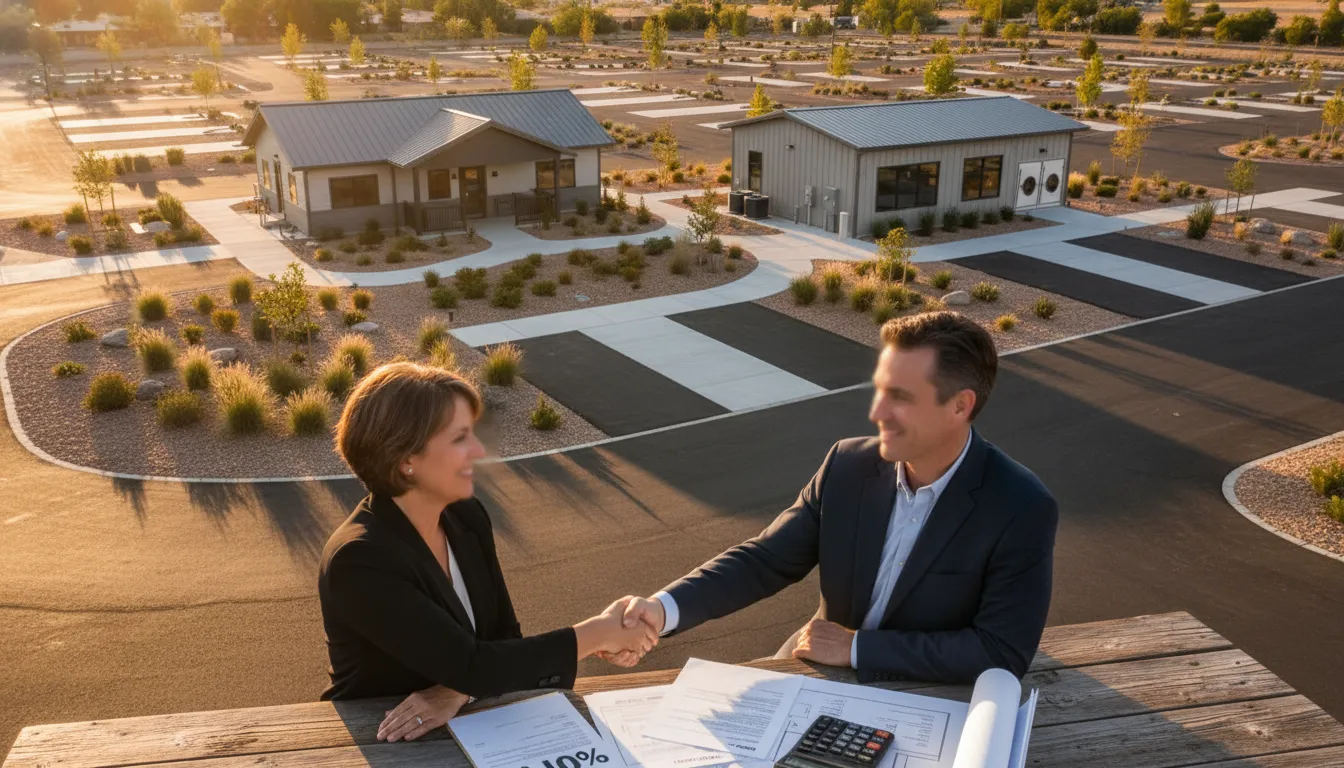 Aerial view of a renovated RV park with a business owner and lender shaking hands over loan documents, representing SBA 7(a) and USDA financing enabling a 10% down purchase.