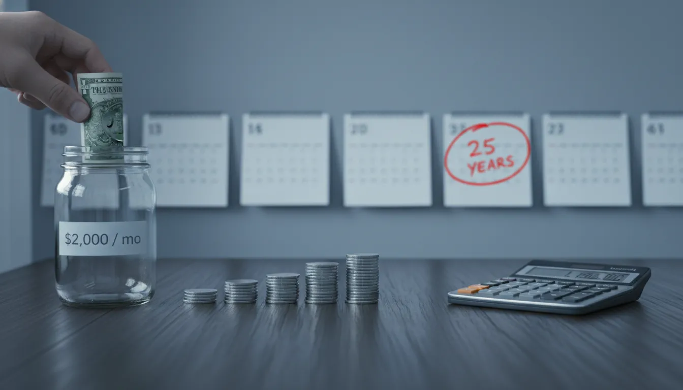 Glass savings jar labeled $2,000/month, slowly increasing stacks of coins, a calculator showing $1,190,000, and a calendar highlighting 25 years — illustrating the long, slow growth of saving.