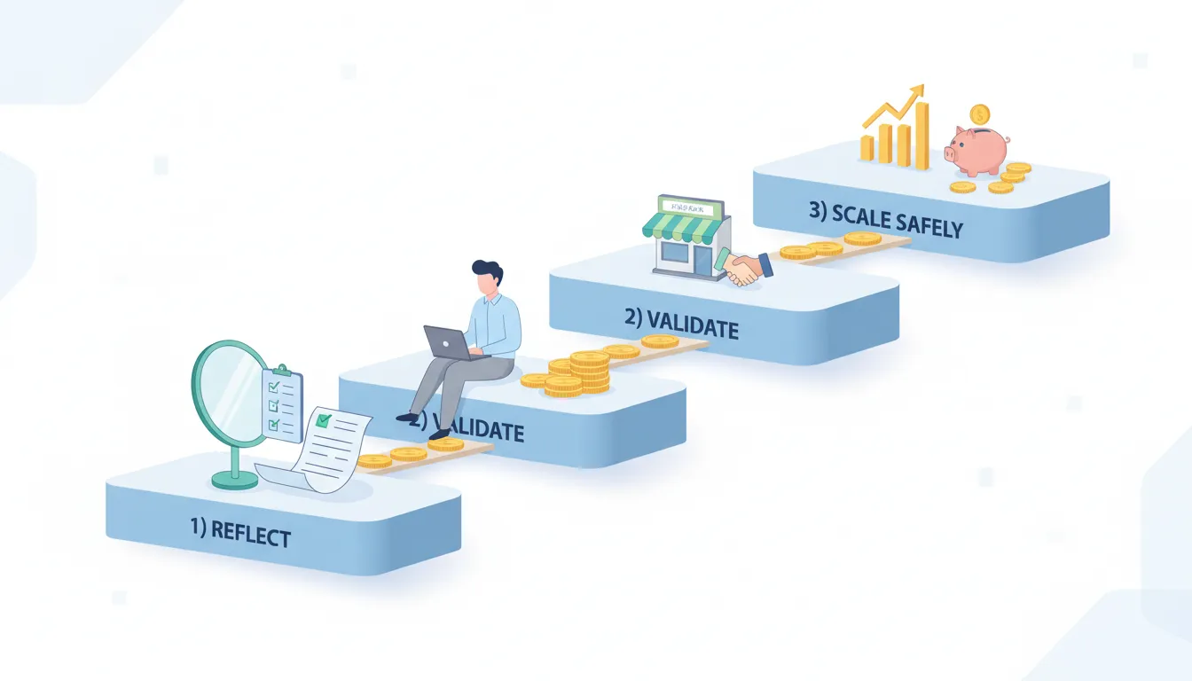 Minimal vector infographic showing a three-step framework — Reflect, Validate, Scale safely — with a professional using their paycheck as a runway to fund business growth.