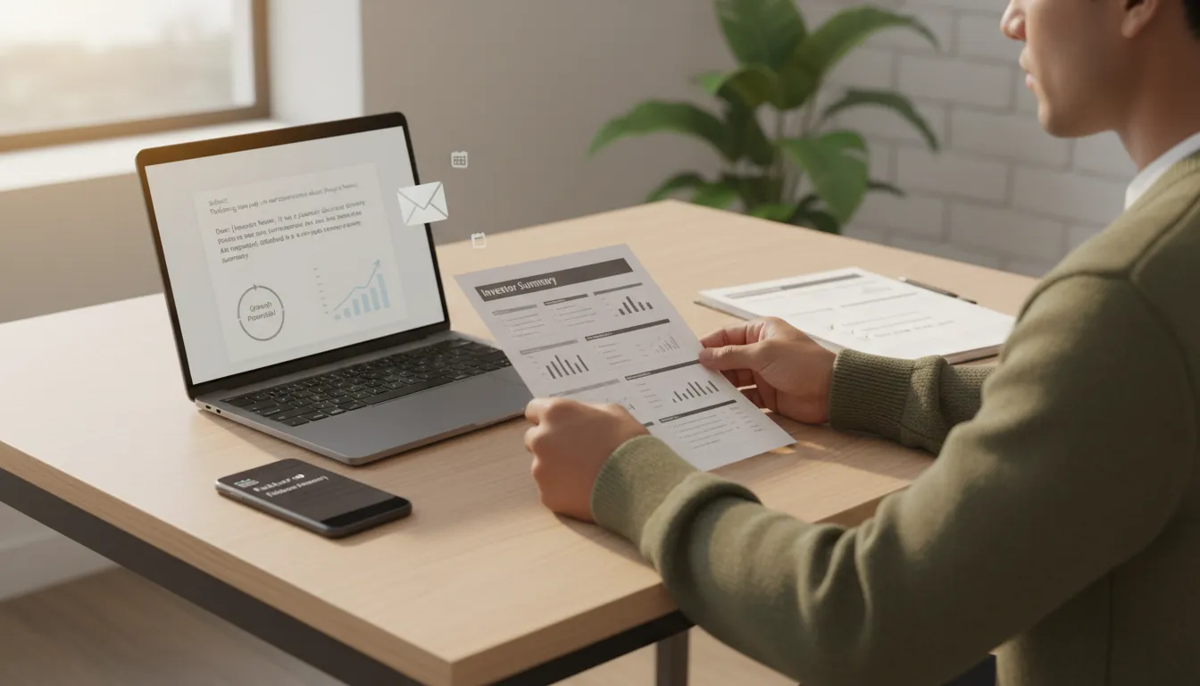 Entrepreneur in morning light arranging an investor one-page summary, sending a personalized outreach email and scheduling a follow-up.