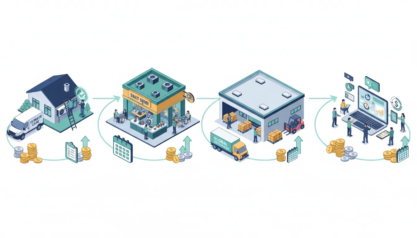 Isometric infographic illustration of four thriving 2026 business models — service van/technician, franchised storefront, warehouse distribution, and a SaaS dashboard — connected by growth arrows and cash-flow icons.