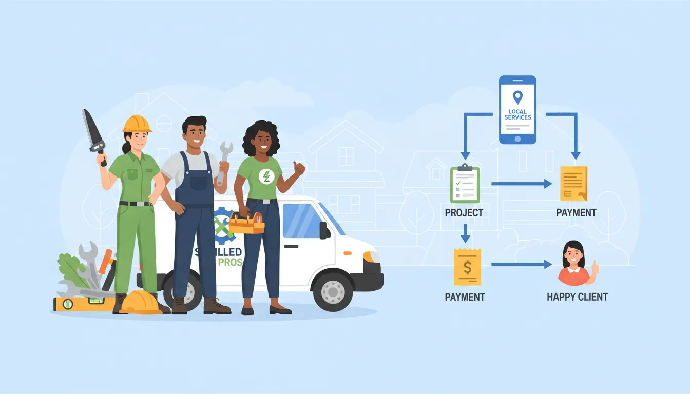 Flat vector of diverse tradespeople by a service van with icons showing leads → job → invoice → happy customer, illustrating trade skills as alternatives to a degree
