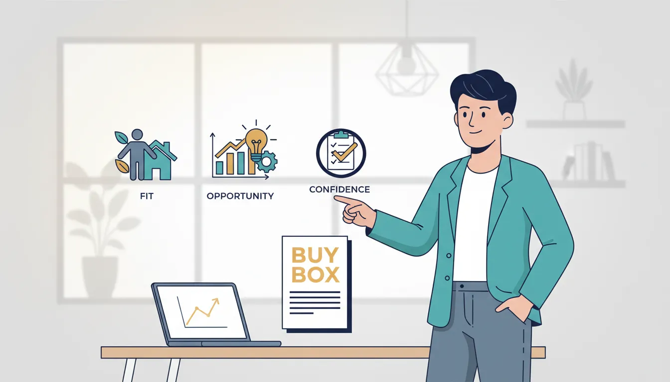 Vector illustration of an entrepreneur reviewing a ‘Buy Box’ with three pillars labeled Fit, Opportunity, and Confidence