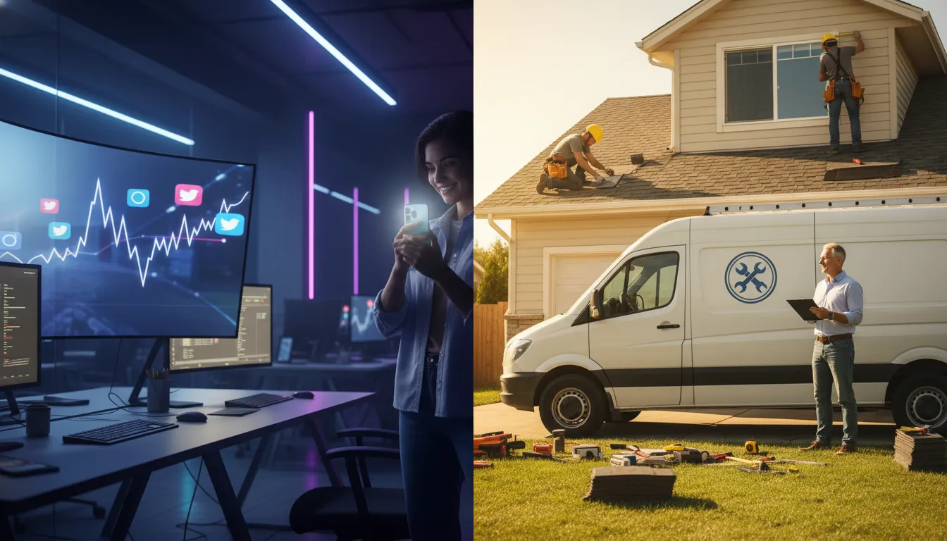 Split editorial photo: flashy neon-lit startup scene on the left and a warm, sunlit exterior-remodeling crew working on a house on the right, showing how steady 'boring' businesses outperform trend-driven ventures.