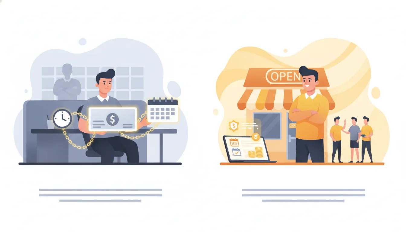 Split illustration: left — worker chained to a paycheck in a gray cubicle; right — same person freed, running a small business with recurring revenue icons in warm tones.