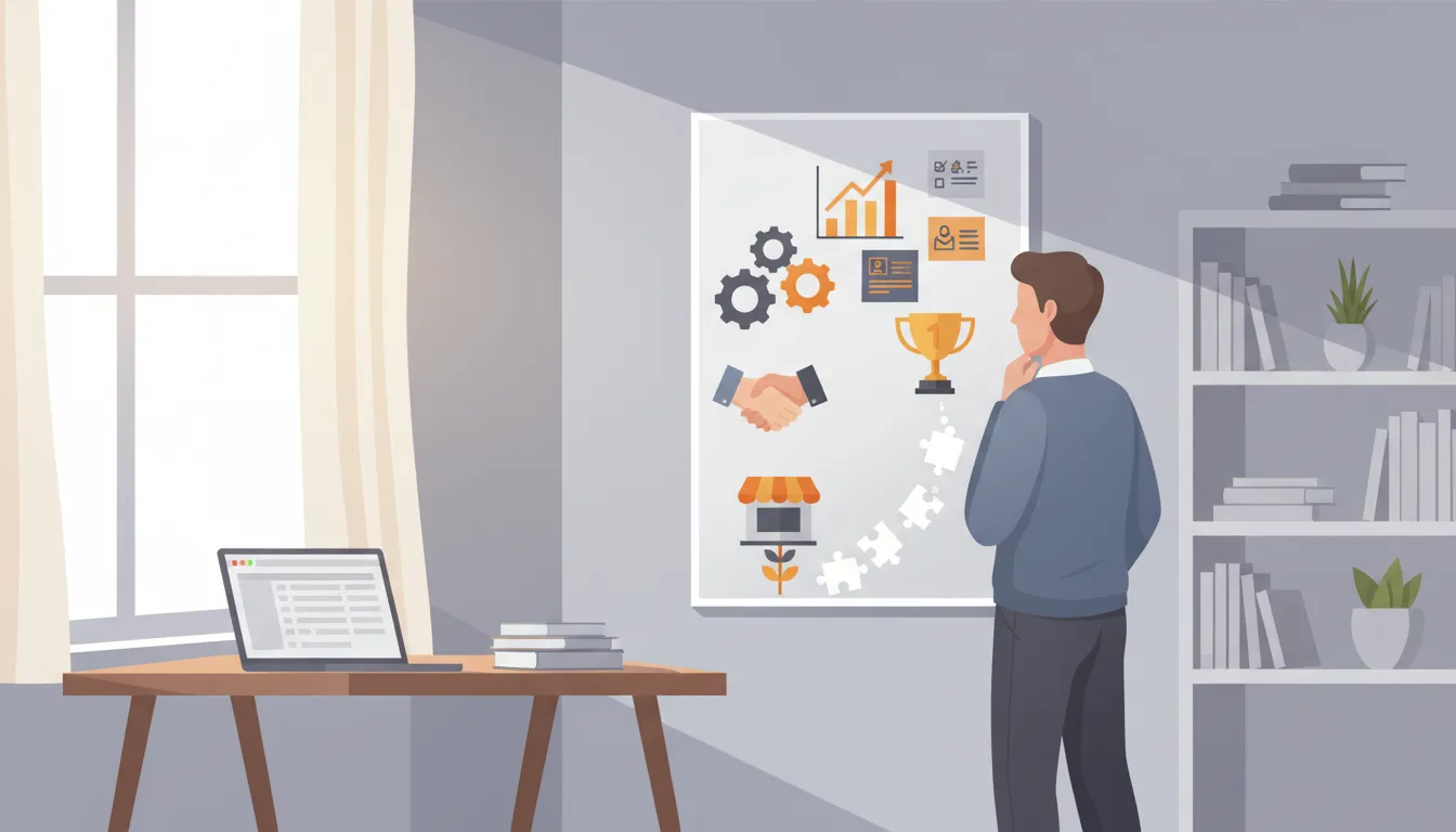 A professional looks into a mirror that reflects icons of their skills and past wins, showing clarity and patterns rather than a single new idea.