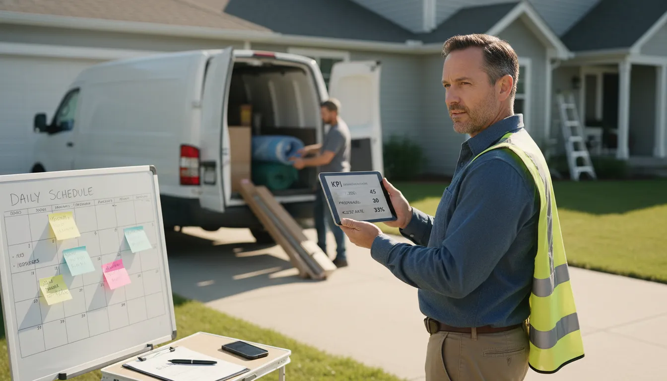 Exterior remodeling owner reviewing KPI dashboard on a tablet with scheduling whiteboard and crew loading a van in the background