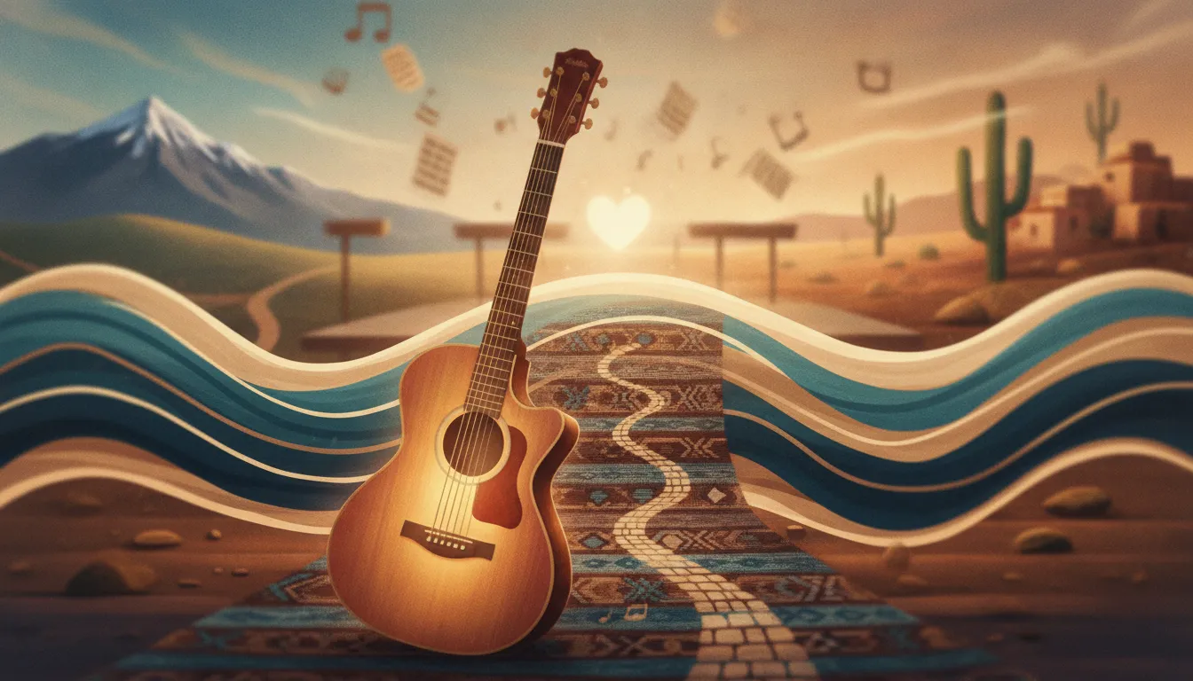 Ilustración cinematográfica de una guitarra y una estela musical conectando paisajes inspirados en Chile y México, símbolo del regreso a la esencia.