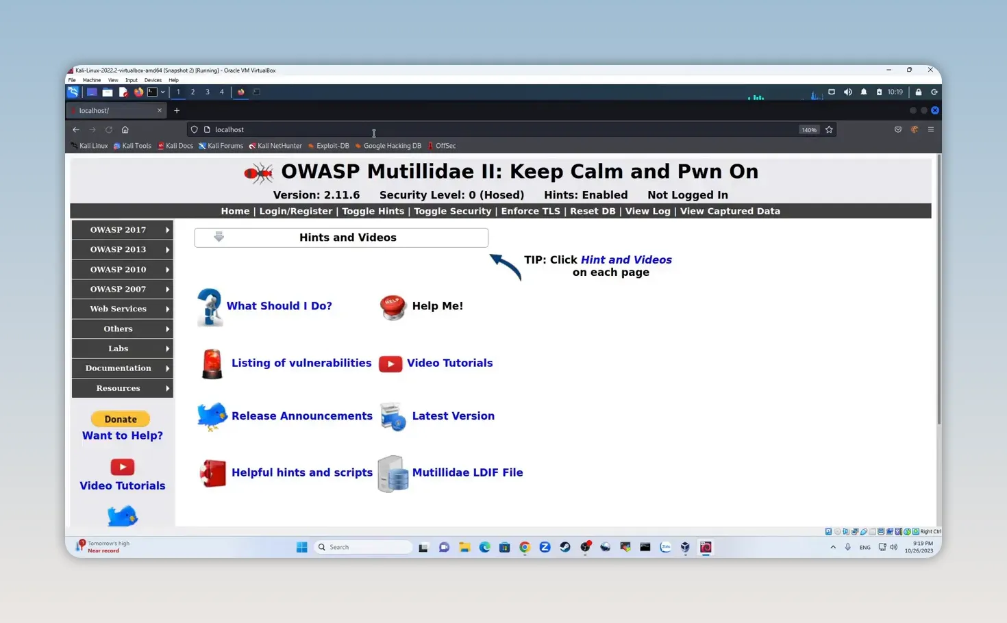 Trang chủ ứng dụng OWASP Mutillidae với các danh mục bài thực hành bảo mật