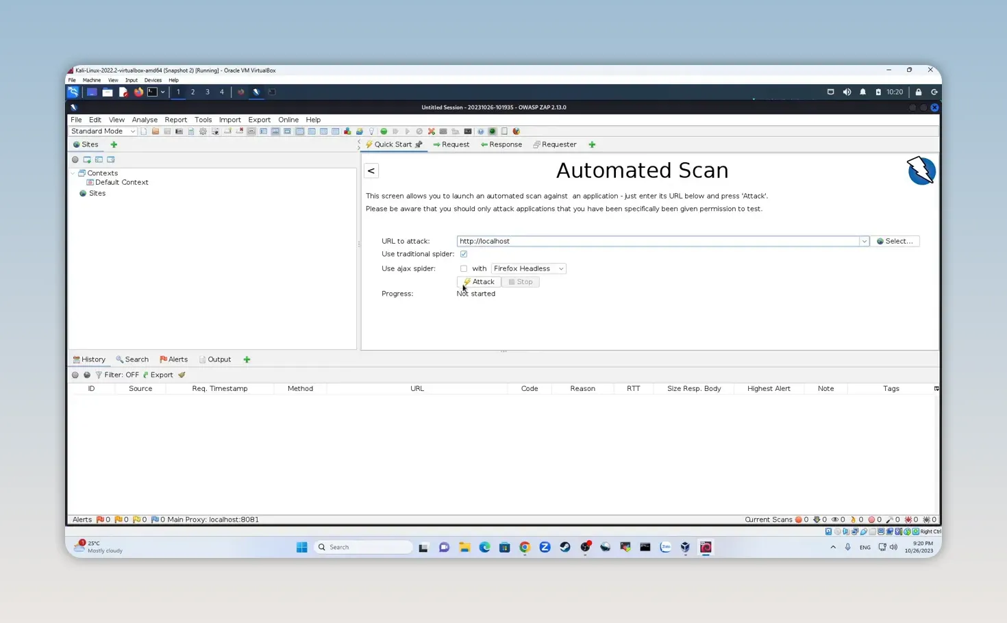 Màn hình quét tự động của OWASP ZAP với trường nhập địa chỉ ứng dụng cần kiểm tra