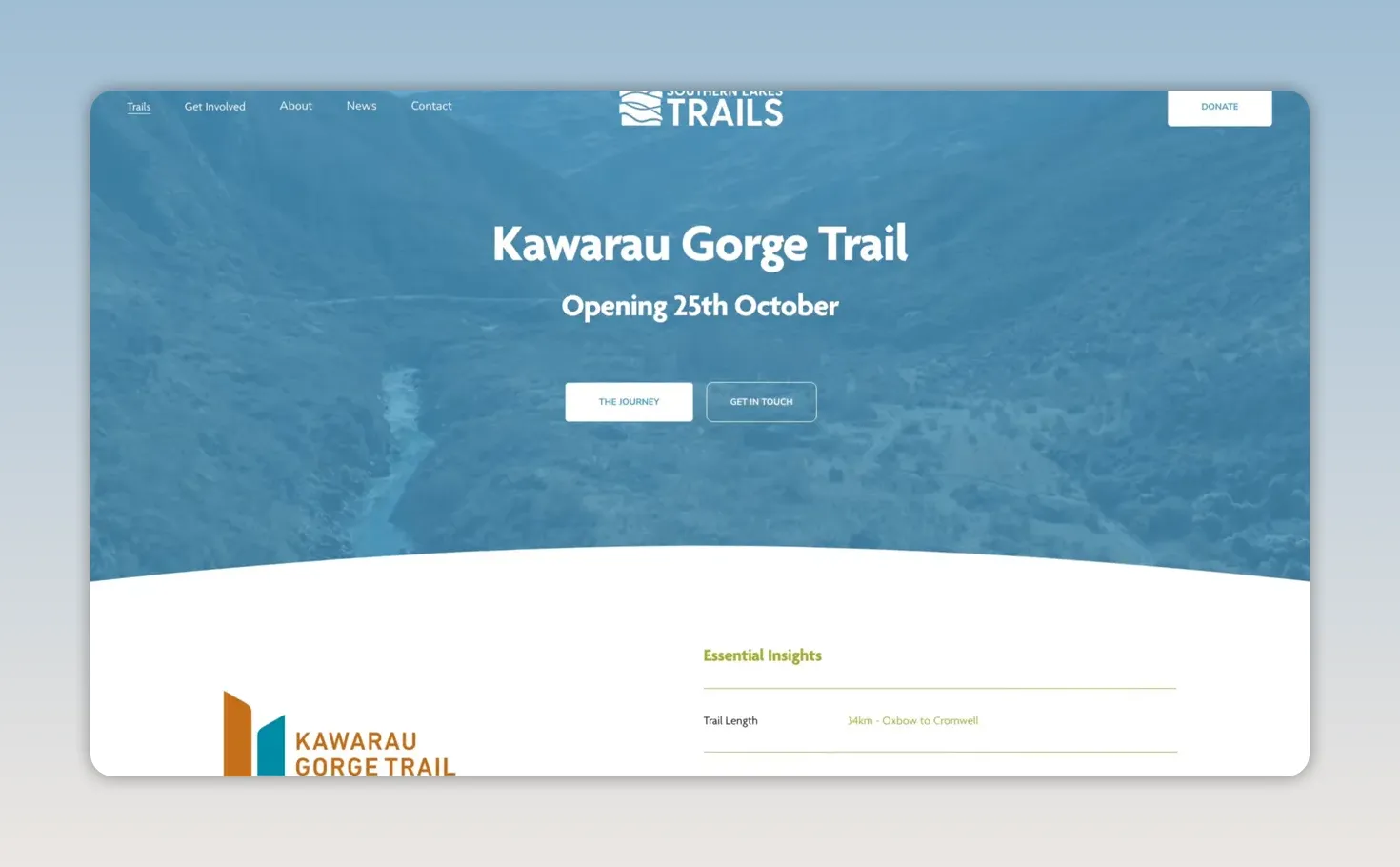 Kawarau Gorge Trail webpage showing an opening date of 25 October