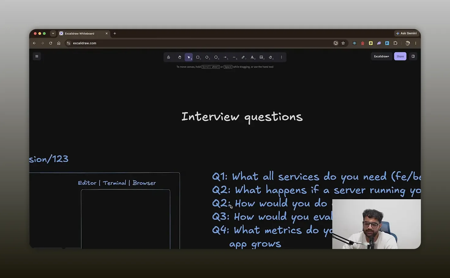Interview question slide with a coding agent interface mockup and five architecture questions