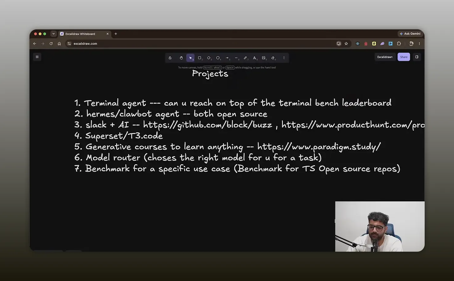 Dark slide listing seven applied AI project ideas including terminal agents, bots, Slack AI, coding workspaces, generative UI, model routing, and benchmarking