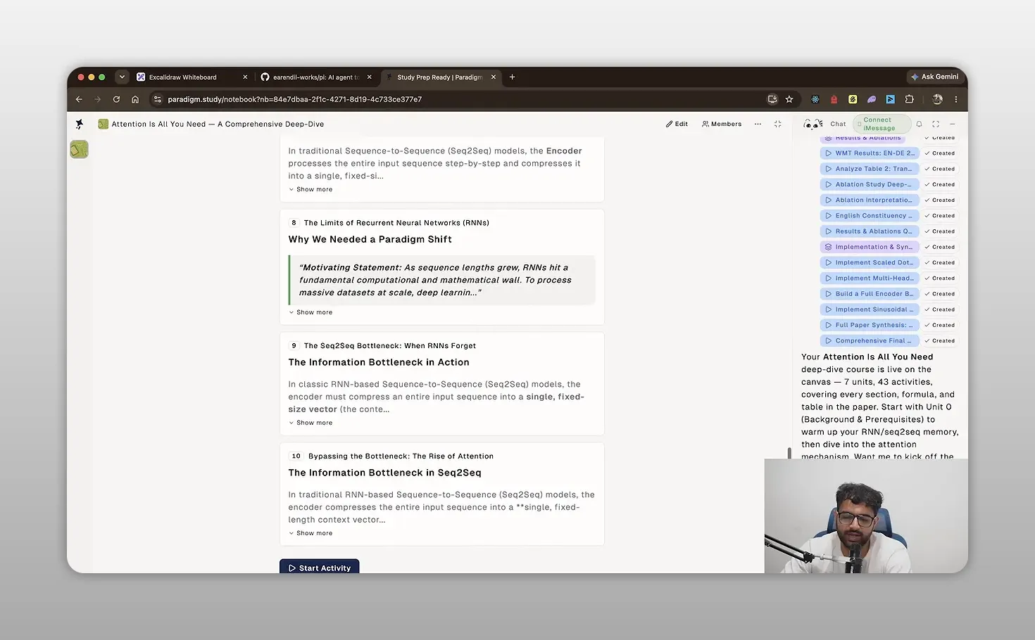 Learning platform showing a generated course slide titled The Encoder-Decoder Pattern and The Context Vector