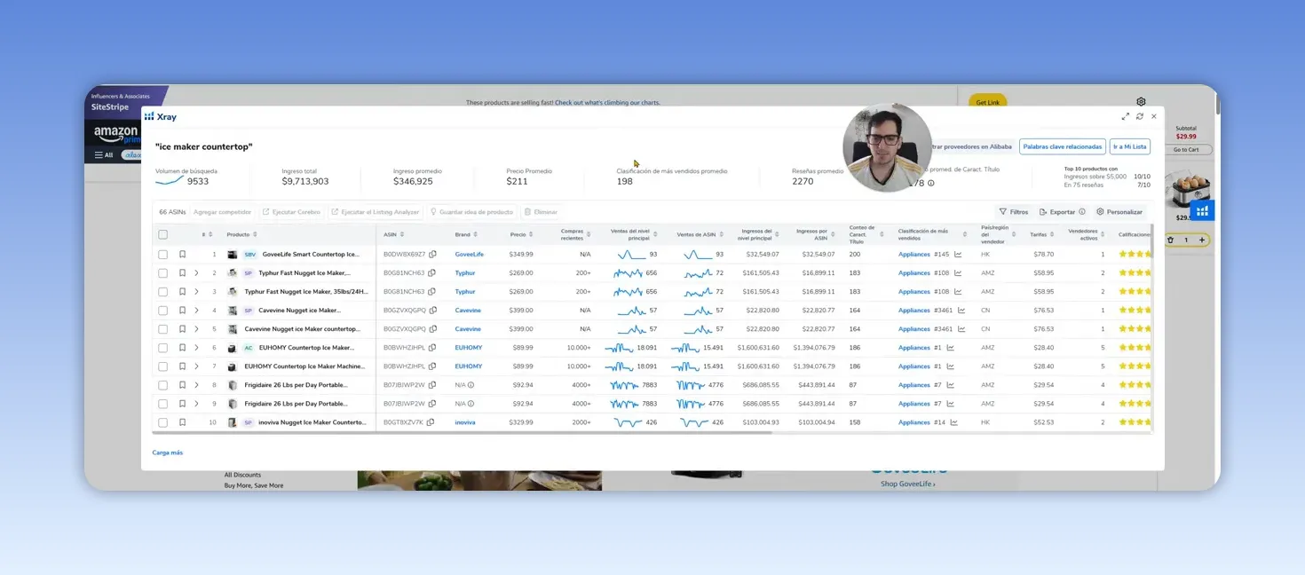 Panel de Helium 10 Cerebro con varias filas de keywords y métricas de búsqueda
