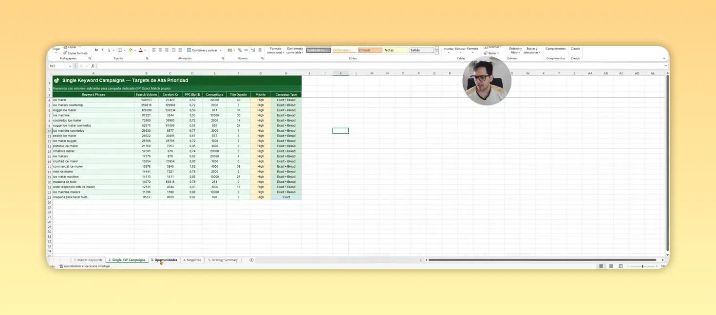 Hoja de Excel con tabla en color marrón mostrando keywords de oportunidad y motivos estratégicos