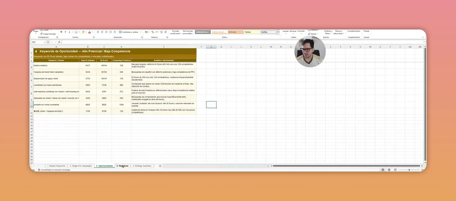 Hoja de Excel en color rojo con una lista extensa de keywords negativas y columnas de clasificación