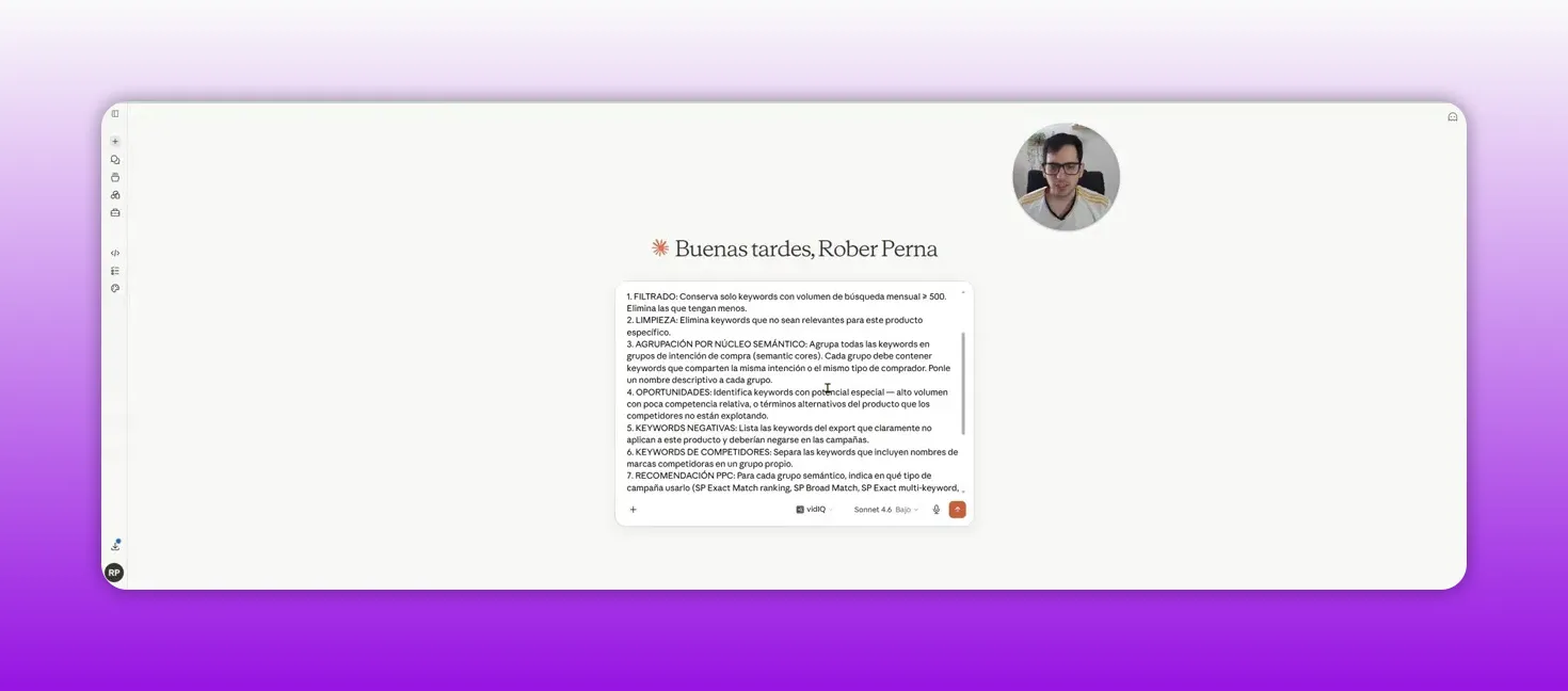 Interfaz de Claude con un mensaje largo que incluye instrucciones y un archivo adjunto
