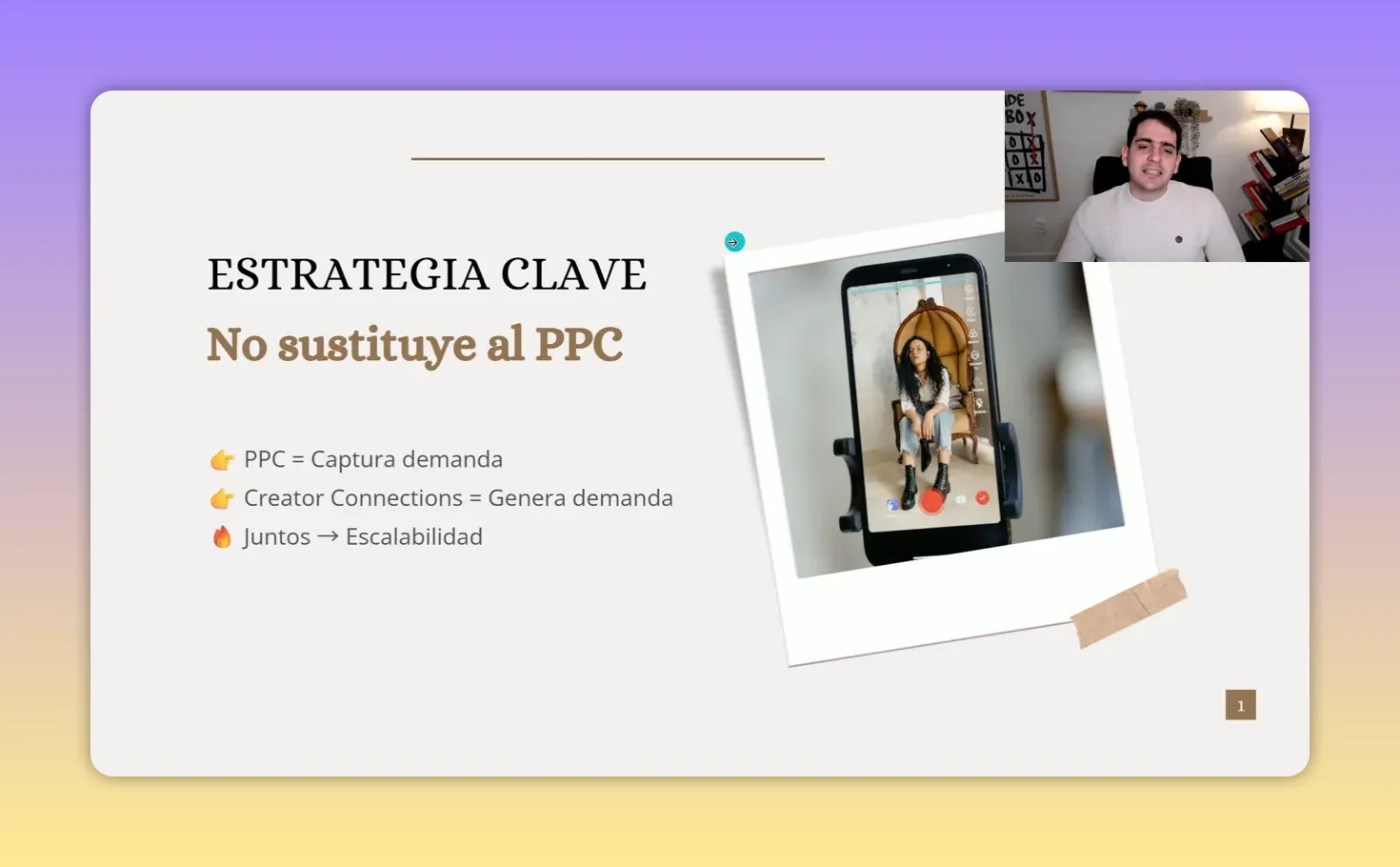 Diapositiva estrategia clave no sustituye al PPC con puntos sobre PPC y Creator Connection