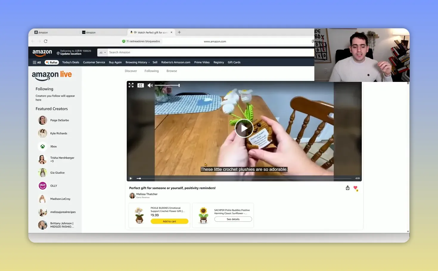 Página de Amazon Live con un video del producto y miniaturas de otros contenidos debajo