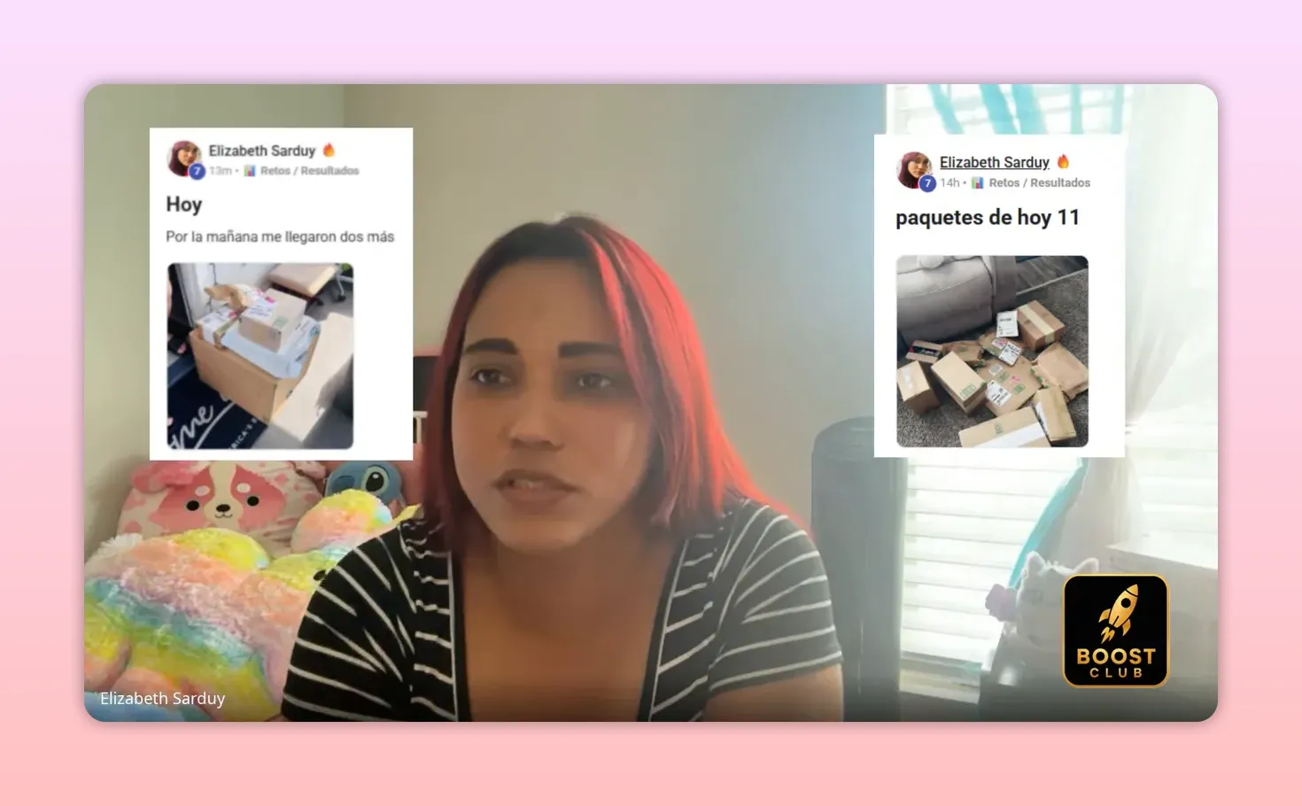 Dos capturas superpuestas de publicaciones con fotos de paquetes y texto sobre productos del día