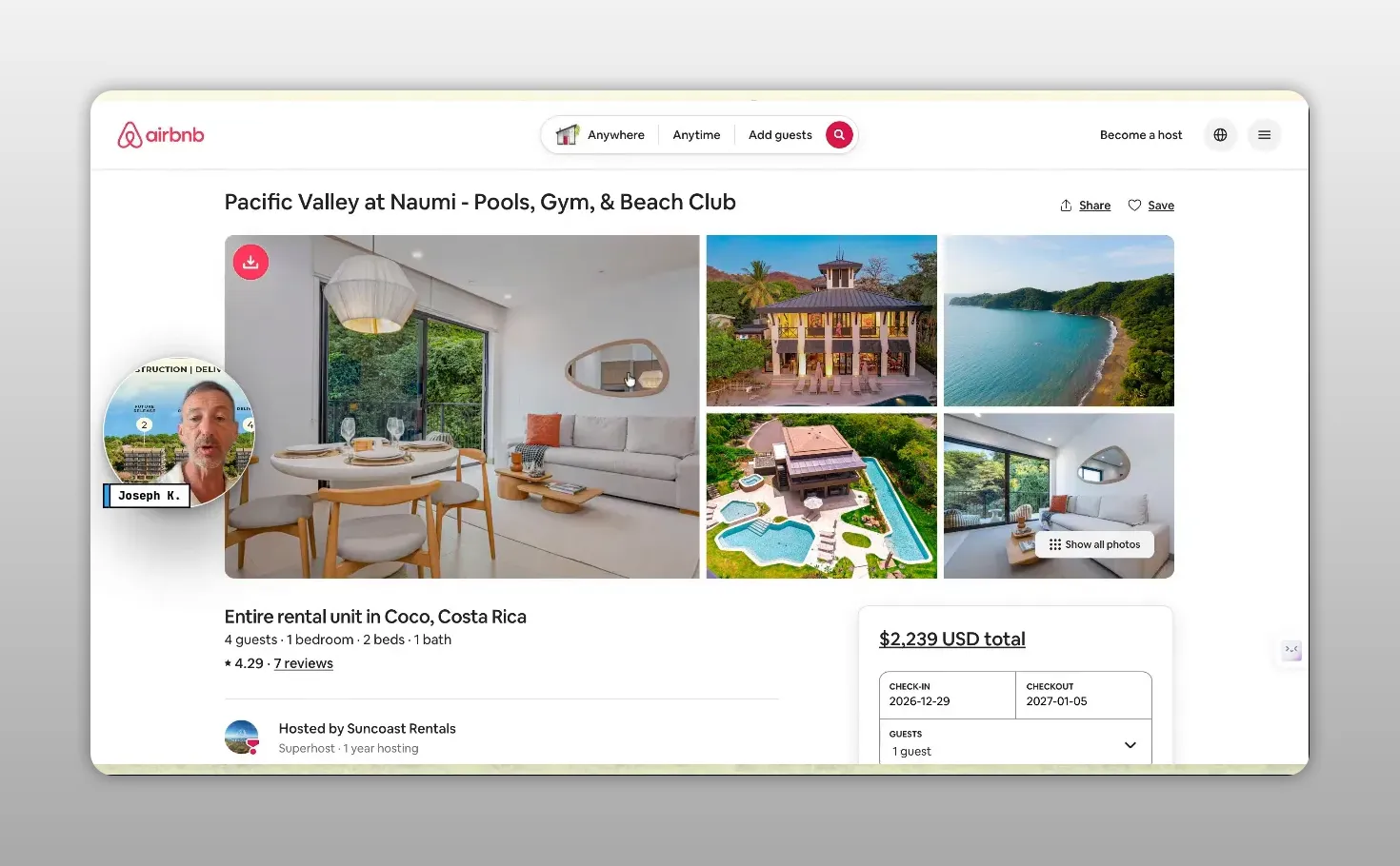 עמוד Airbnb עם תמונות נכס ומחיר הזמנה