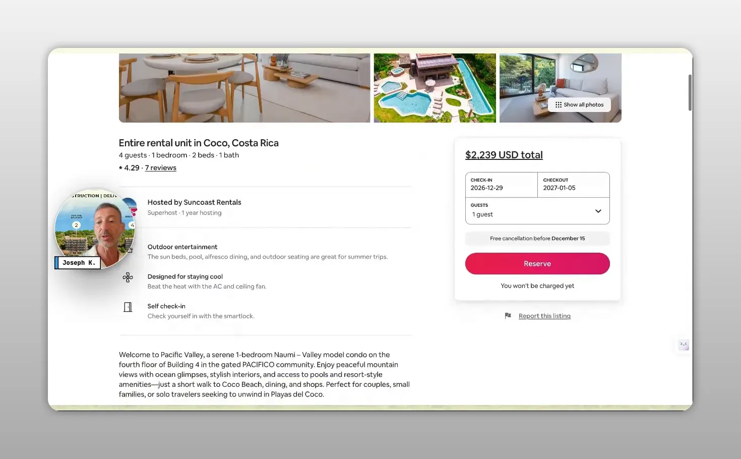עמוד Airbnb עם מחיר כולל ותאריכי הזמנה
