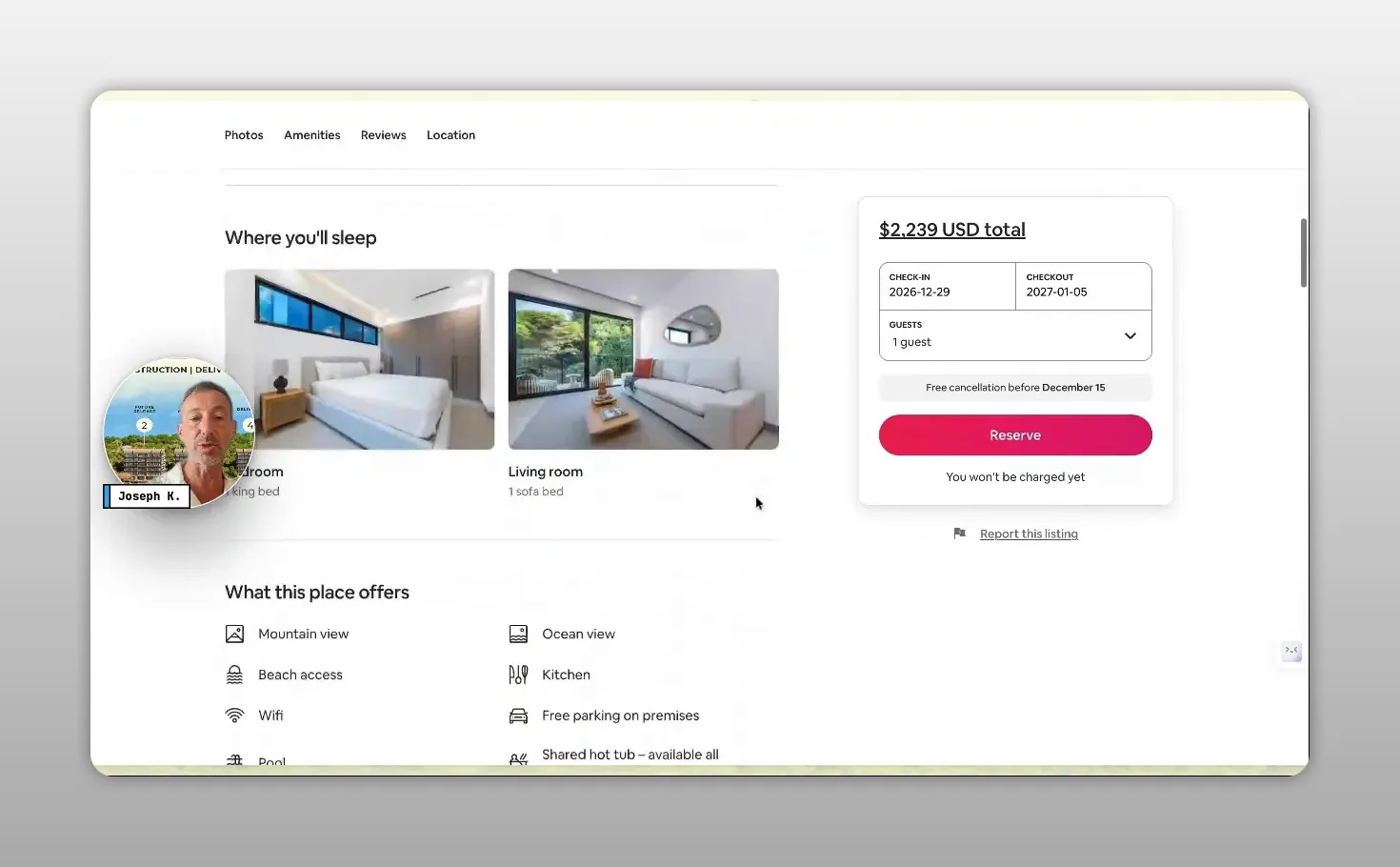 עמוד Airbnb המציג מתקנים ותמונות של דירת נופש