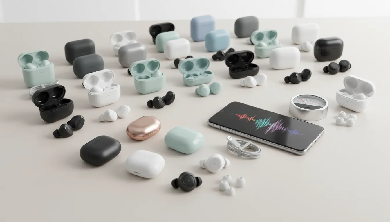 Fotografi editorial dari 30 pasang earbud TWS dan casingnya tersusun rapi di meja, beberapa terbuka menampilkan earbud, dengan ponsel yang memperlihatkan gelombang audio abstrak dan alat pengukur suara; tanpa teks atau logo.