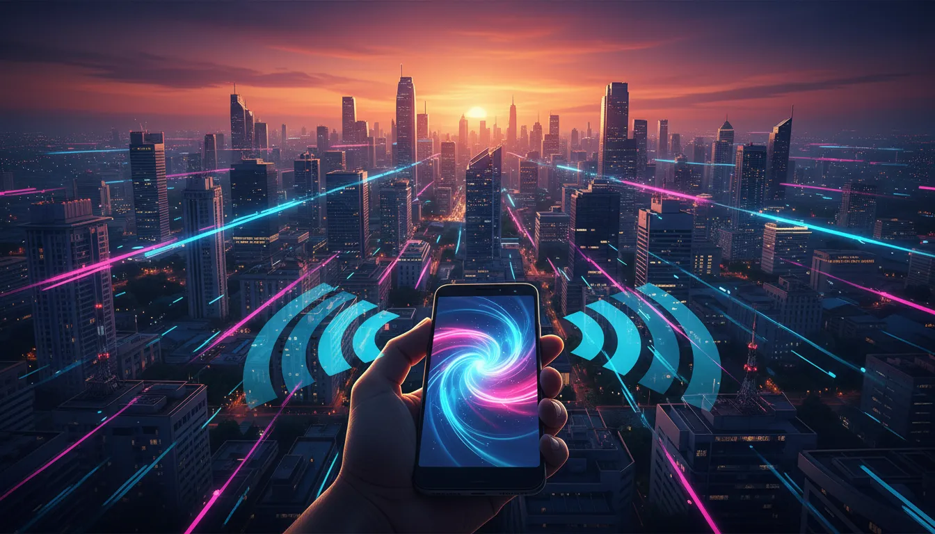 Ponsel di depan cakrawala Jakarta saat senja, gelombang sinyal 5G biru membentang seperti selimut menutup kota, partikel cahaya dan jejak gerak menggambarkan koneksi sangat cepat hingga 500Mbps, tanpa teks