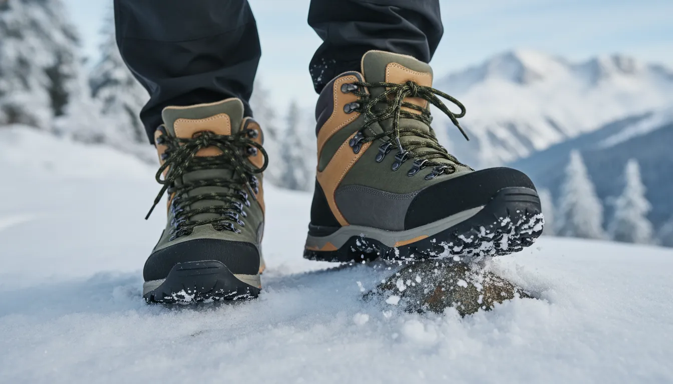 Sepasang sepatu hiking mid-cut menapak di salju, menonjolkan sol berkuku yang menggenggam es dan menunjukkan stabilitas serta kemampuan anti-slip
