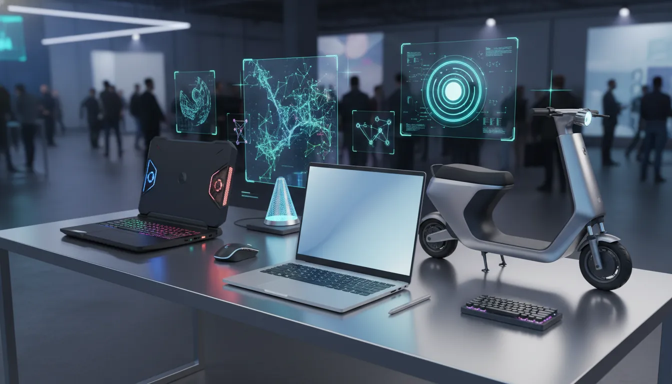Panggung pameran teknologi futuristik menampilkan laptop tipis dan ringan, laptop gaming ber-RGB, e-scooter, dan periferal kreator dengan overlay holografis AI dan sinyal WiFi 7