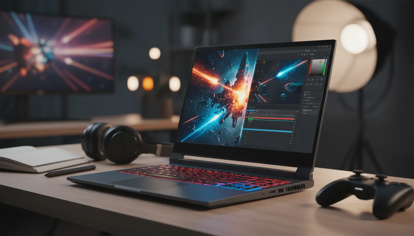 Laptop gaming 16 inci pada meja kerja modern, layar terbagi menampilkan adegan game dinamis dan tampilan pengeditan kreatif, dengan lampu RGB halus dan periferal di sekitarnya