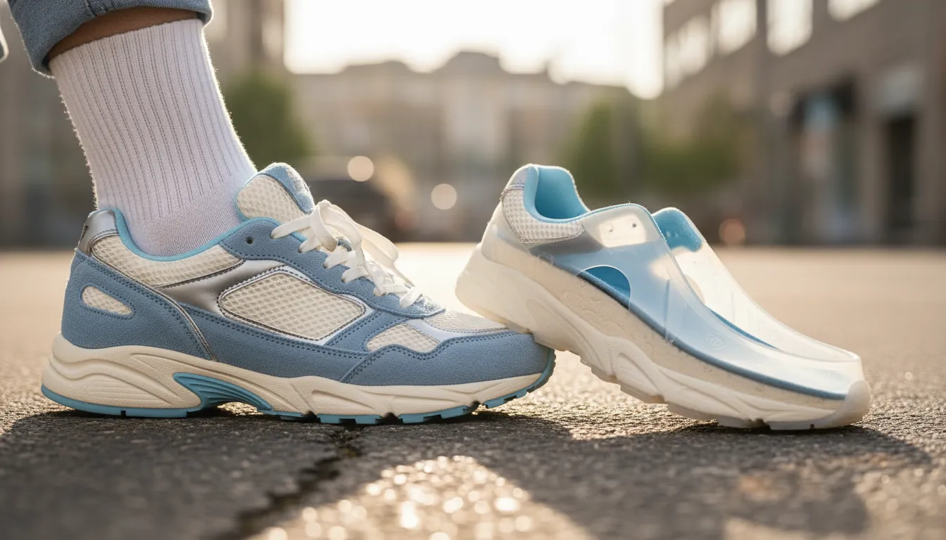 Sepatu Y2K Ardiles Coventry 2.0 close-up lifestyle menampilkan midsole EVA empuk dan sockliner yang mengunci kaki dengan potongan melintang memperlihatkan konstruksi dalam