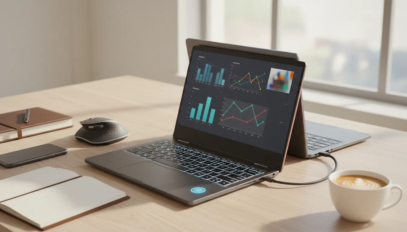 Laptop bisnis tipis ala ExpertBook 2026 di meja kerja profesional, dua unit menunjukkan varian, layar menampilkan grafik produktivitas tanpa teks, aksen biru-merah melambangkan pilihan prosesor, menonjolkan portabilitas, daya tahan, dan fitur keamanan