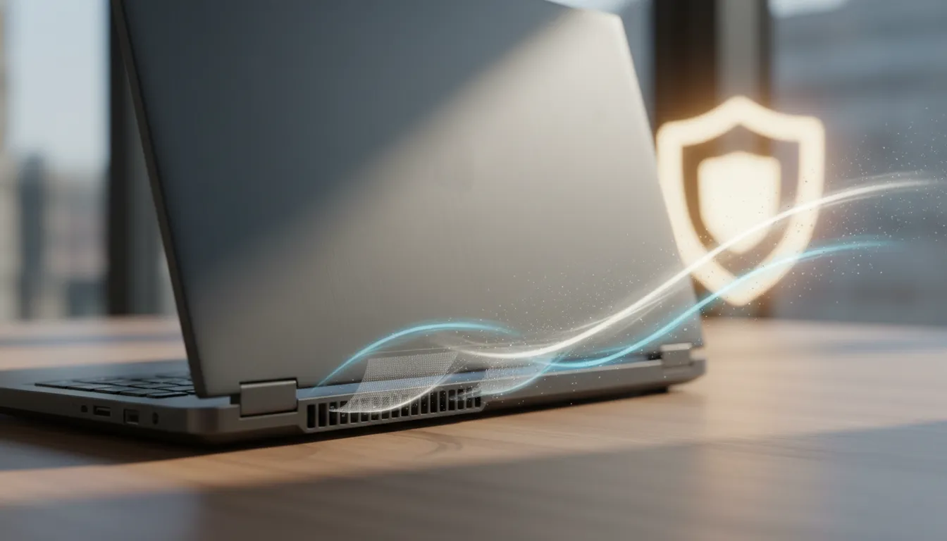 ASUS ExpertBook P3 seperti baru di meja kerja, close-up ventilasi dengan aliran udara bersih yang menangkap partikel debu — ilustrasi review 100 hari, pendingin berfilter dan daya tahan