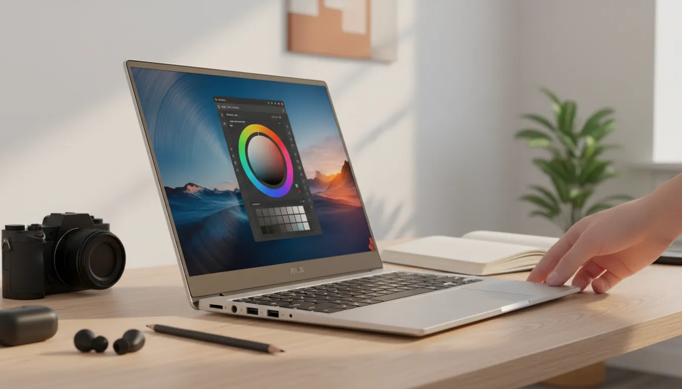 ASUS Zenbook 14 OLED (UM3406GA) tersusun di meja kerja: bodi tipis bertekstur metal, layar OLED warna-cerah menampilkan alat pengaturan warna, dan port terlihat — menonjolkan ke-ringanan dan fitur produktivitas