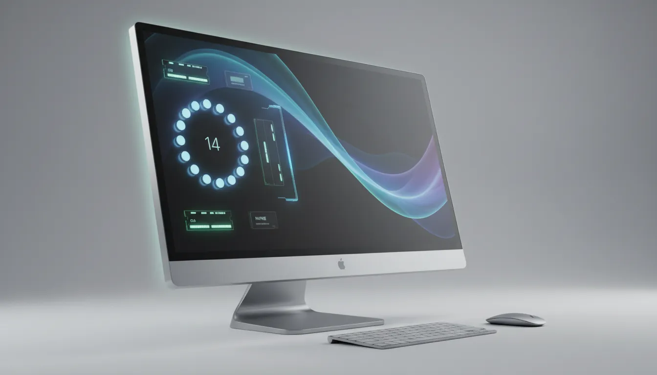 All-in-one PC 27 inci ramping dengan panel belakang transparan menampilkan ilustrasi 14-core menyala, RAM dual-channel dan NVMe, desain ergonomis di meja minimalis