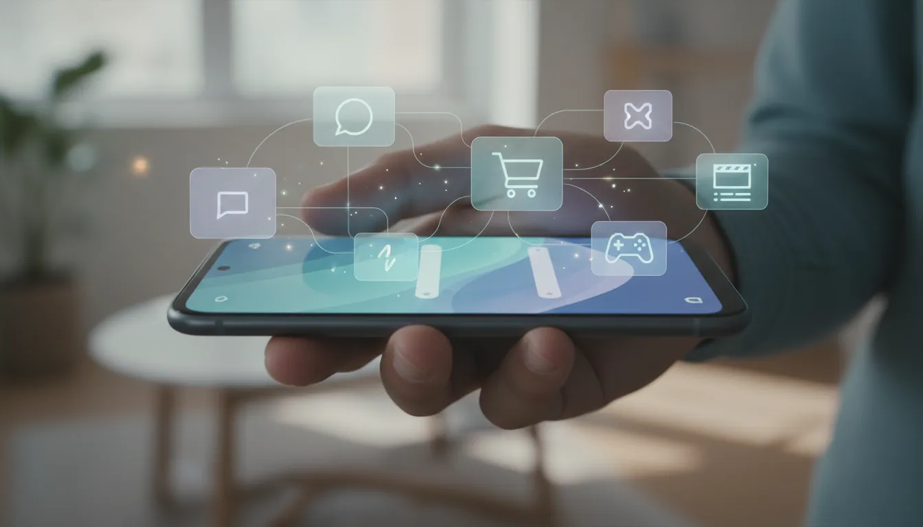 Ponsel entry-level menampilkan antarmuka ColorOS yang mulus dengan ikon aplikasi sosial, belanja, game, dan pengeditan video mengambang tanpa teks