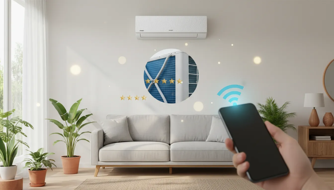 AC premium buatan Indonesia di ruang tamu modern, bodi beraksen batik halus, smartphone terhubung nirkabel, overlay menunjukkan sirip berlapis biru dan kumparan grey-hairpin untuk proteksi anti-korosi, simbol efisiensi energi, pencahayaan alami