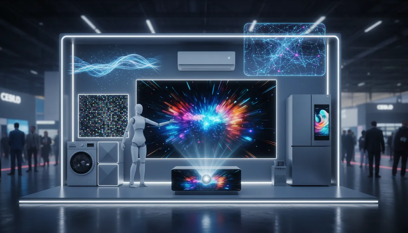 Booth pameran futuristik CES menampilkan TV RGB Mini LED, close-up panel 4-primary Micro LED, robot humanoid berinteraksi dengan kulkas layar besar dan mesin cuci modular, proyektor laser, dan hologram AI yang menghubungkan perangkat — suasana modern tanpa tulisan