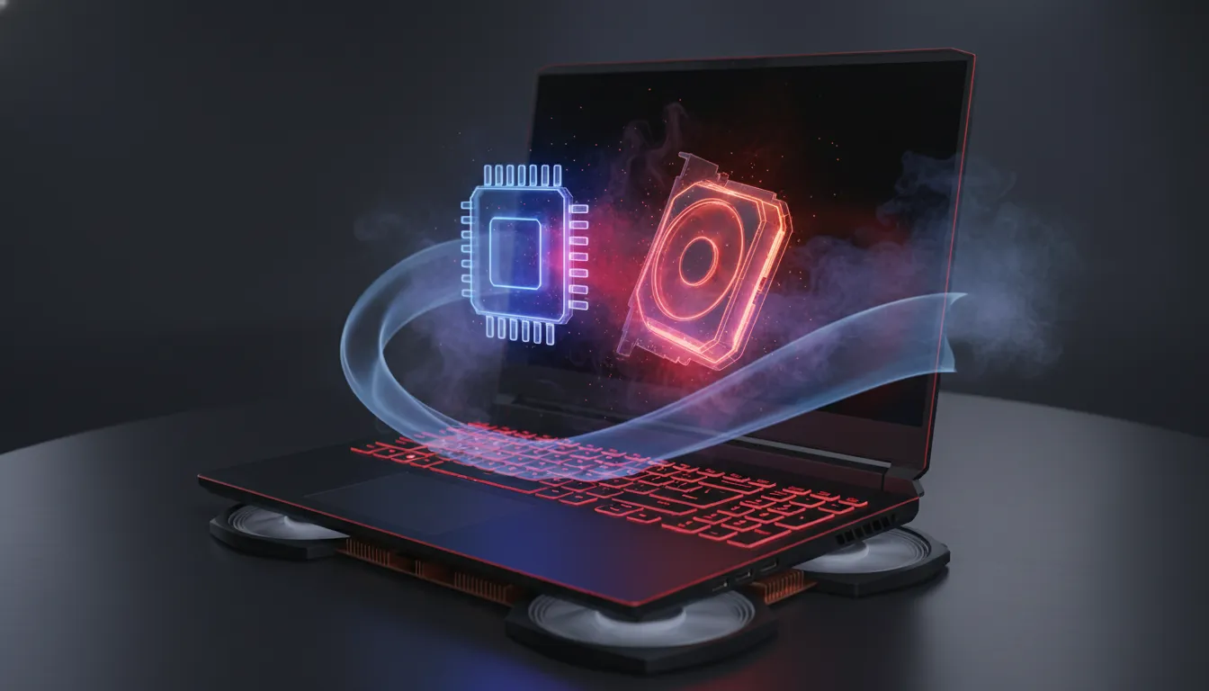 Laptop gaming 16 inci hitam di meja dengan visualisasi holografik CPU dan GPU, aliran pendinginan biru dan aksen merah yang menggambarkan performa tinggi dan sistem pendingin efisien