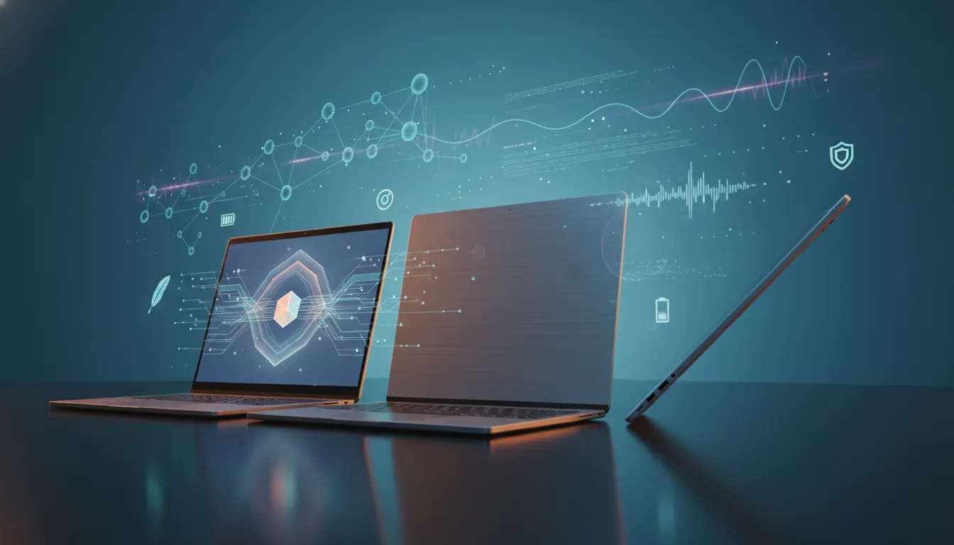 Deretan laptop tipis dan ringan HP OmniBook dengan elemen holografis AI, menonjolkan desain ramping, baterai tahan lama, kamera, dan fitur keamanan