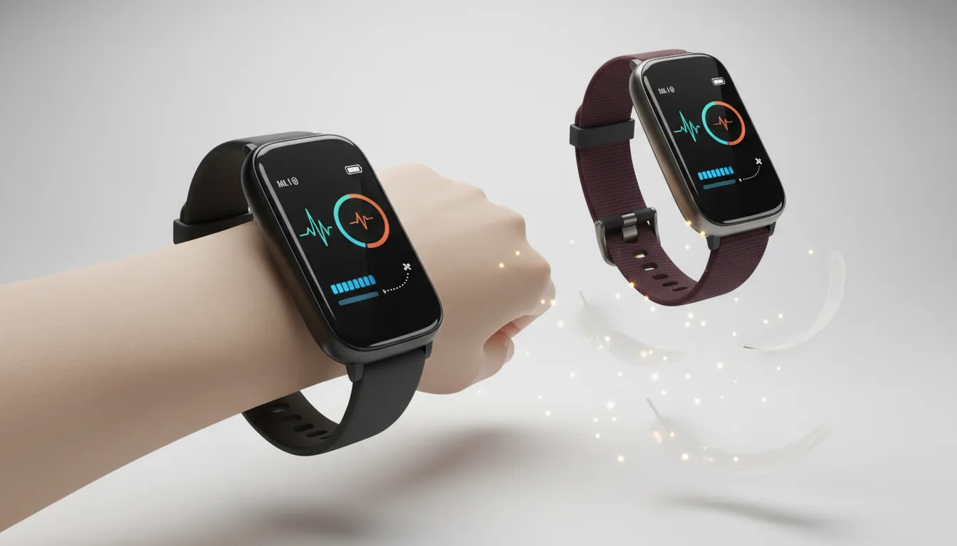 Close-up Huawei Band 11 di pergelangan tangan dan tampilan samping varian Pro, layar cerah menampilkan ikon pelacakan kesehatan dan jejak GPS, desain ramping dan terasa ringan