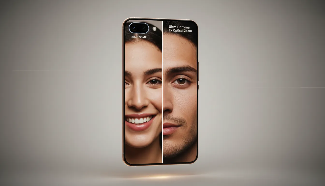 Smartphone flagship tanpa logo menampilkan dua kamera depan — lensa 50MP dan lensa 8MP 2x — dengan layar terbelah yang memperlihatkan potret wide dan close-up berwarna alami