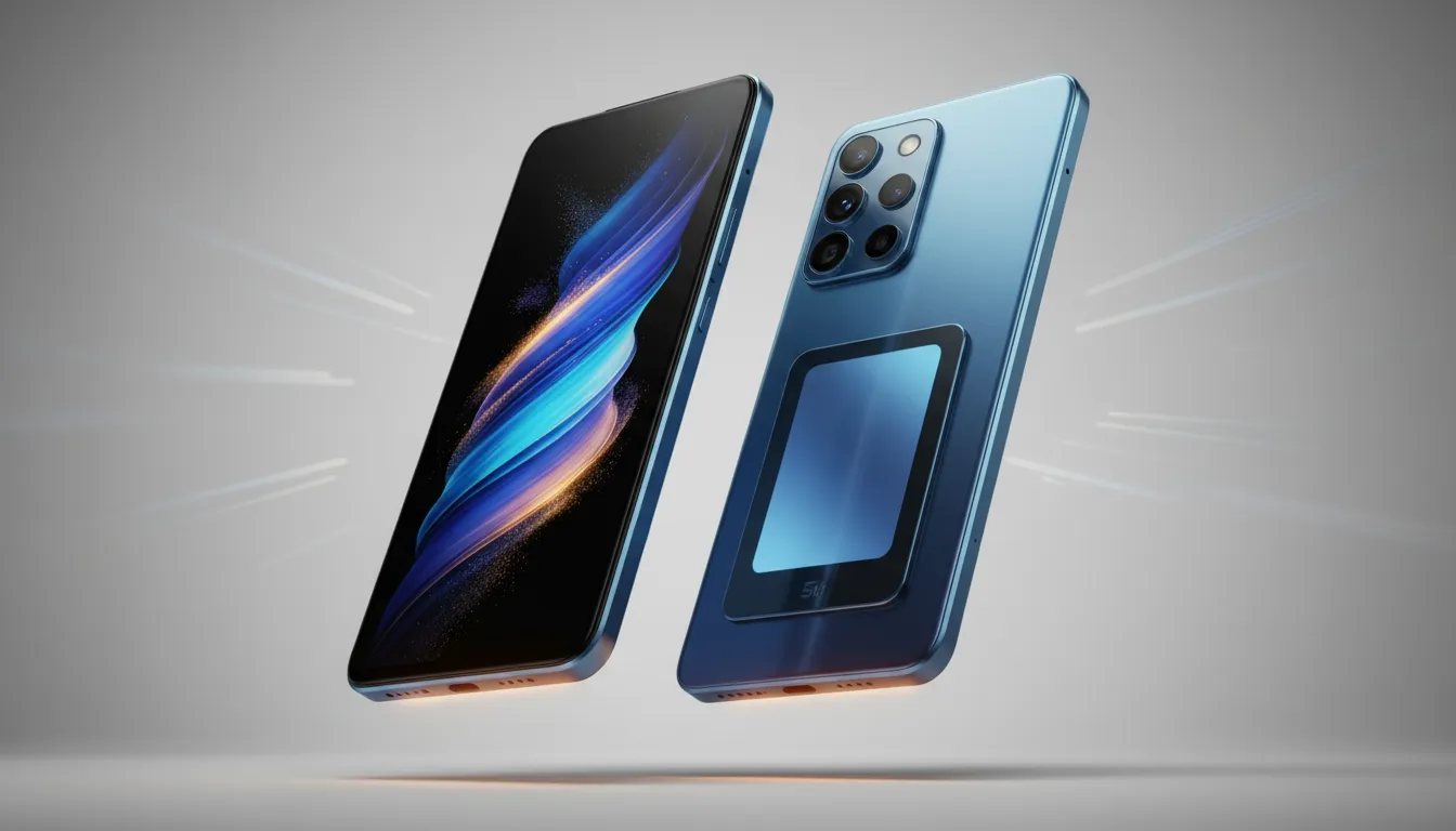 Fotografi produk Infinix Note 60 Pro inspirasi, layar AMOLED cerah, tampilan aktif pada modul kamera, gradasi metalik, nuansa premium