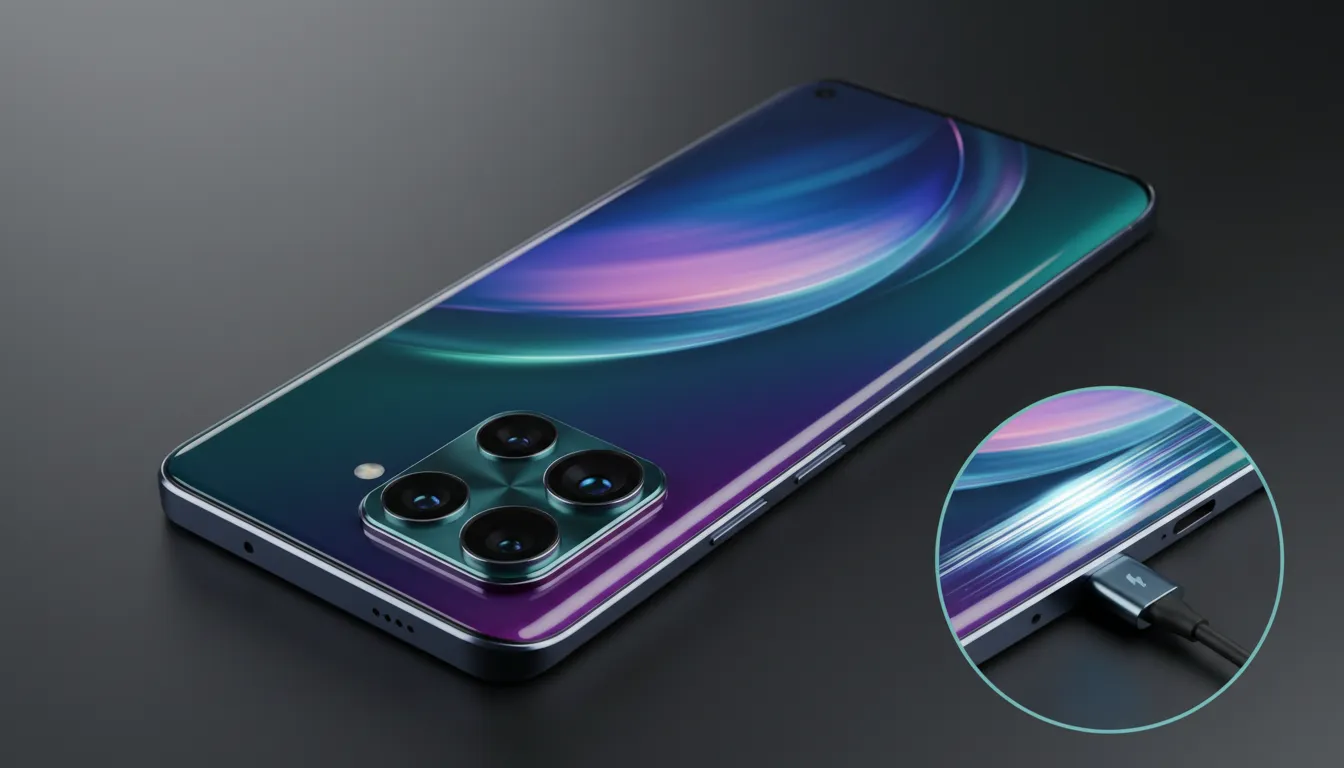 Foto studio Infinix Note EDGE 5G dengan bodi 3D curved bergradasi, layar OLED 6,78 inci cerah, modul kamera melingkar, dan kabel pengisian cepat, tanpa teks