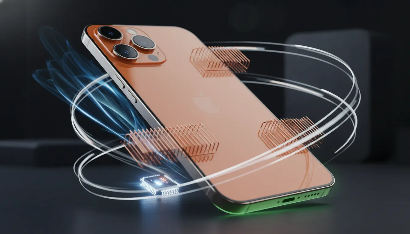 Konsep foto iPhone 17 Pro Cosmic Orange menampilkan layar OLED dan modul kamera, dengan efek visual aliran pendingin biru, sirip heatsink tembus pandang, dan aksen microchip yang menggambarkan performa, tanpa teks